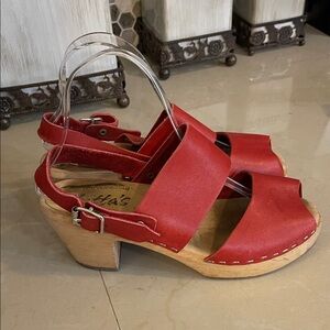 Lottas from Stockholm Red Leather wooden heel clog Sandals 38
Red